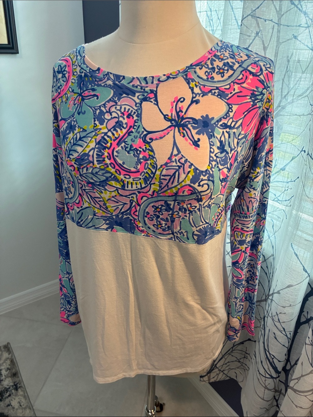 Lilly Pulitzer Long Sleeve Colorblock Floral Top - Pink/Blue